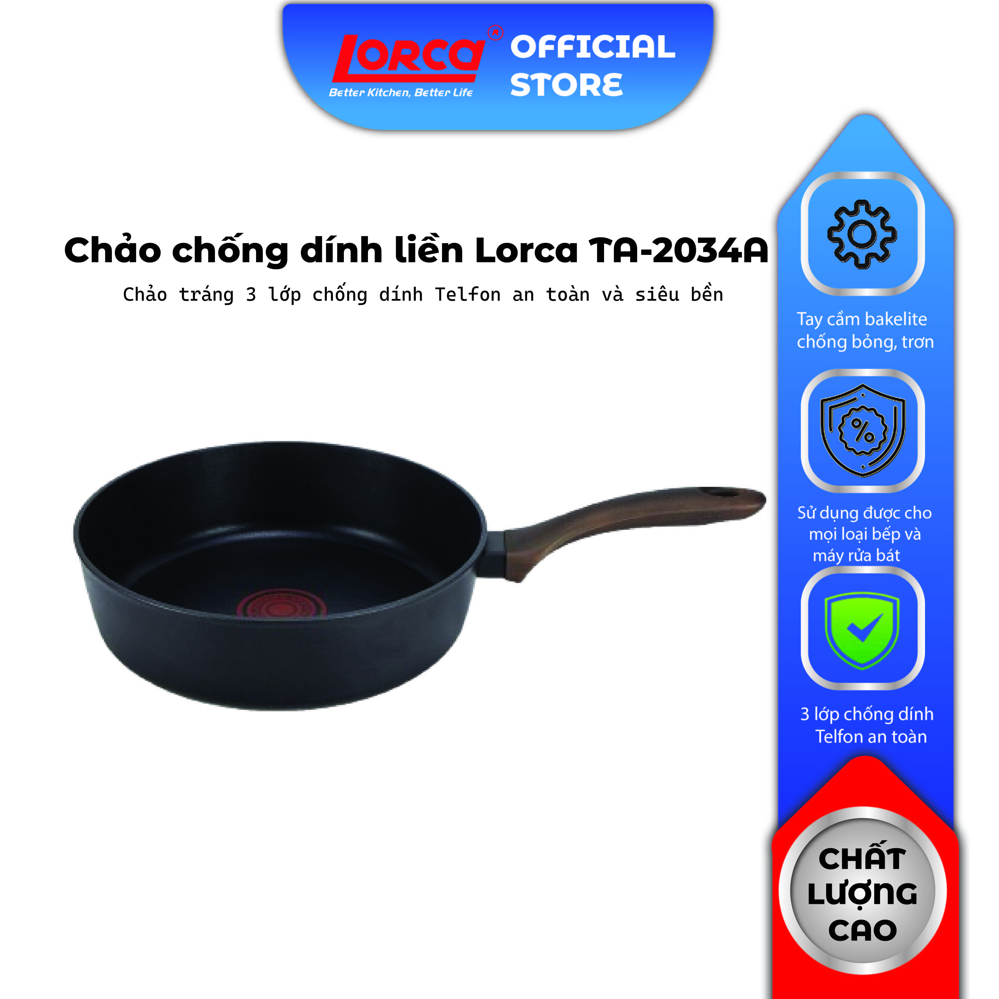 Chảo Chống Dính Liền Khối 5 Lớp LORCA TA 2034A 24cm, Lòng Chảo Sâu, Tích Hợp Công Nghệ Cảm Biến Nhiệt