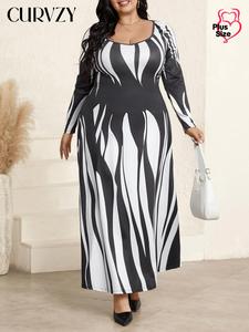 CURVZY Plus Size All Over Print Long Sleeve Dress, Elegant Fashion Casual Dress for Daily Outdoor Wear, Women Clothing for Spring & Fall
