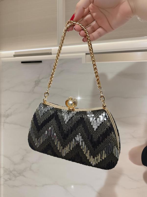 Women's Elegant Chevron Quilted Evening Bag, Exquisite Trendy Clutch Bag, Fashionable Bag for Party Decoration 0
