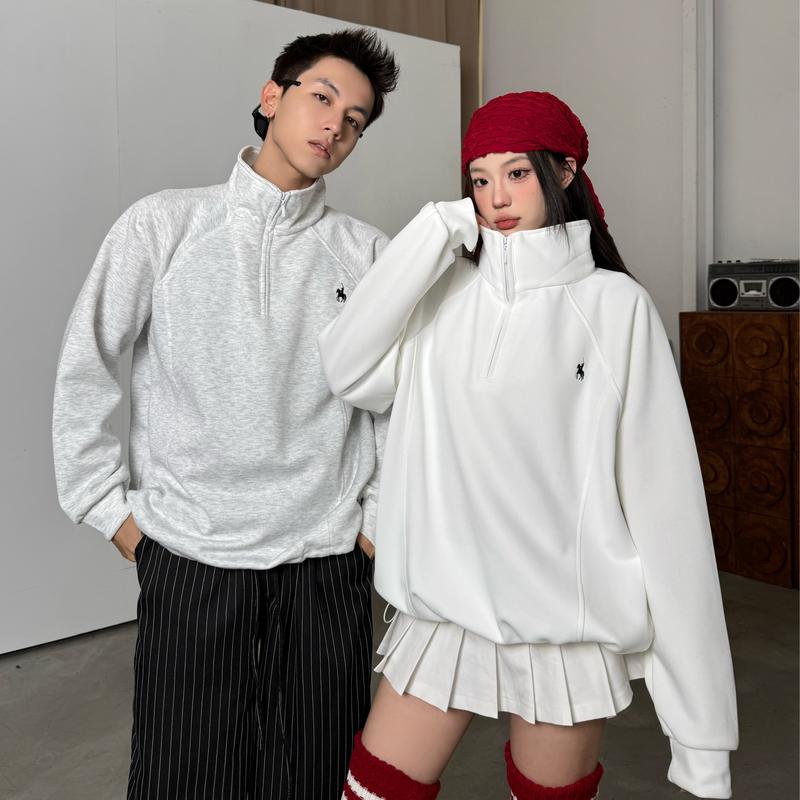 Áo Sweater Cổ Cao Polo HalfZip Thêu Ngựa Nỉ 2 Da Nam Nữ Unisex Thu Đông Menswear - SIXHUMAN HM096 Dài Tay Trơn