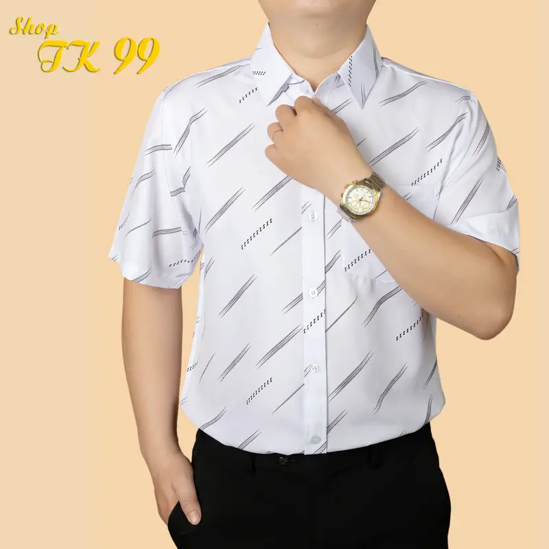 Áo sơ mi nam ngắn tay có túi lụa hàn chống nhăn Cổ Tròn Trung Niên 0