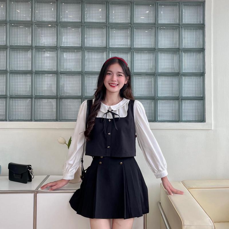 | Kèm ruy băng | Áo sơ mi nữ dáng croptop phối tay kẻ sọc chất xước mềm cotton 03 màu (Sơ mi Giao) 5