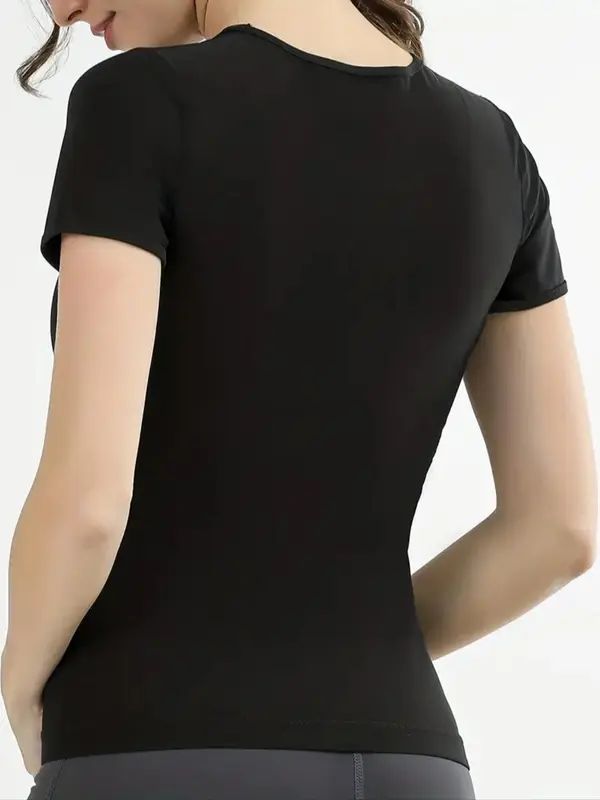 Women's Solid Round Neck Sauna Top, Summer Casual Comfortable Shaped Sports Tee for Exercise Yoga Workout Gym Top, Ladies Sportswear for Indoor Outdoor Wear 5