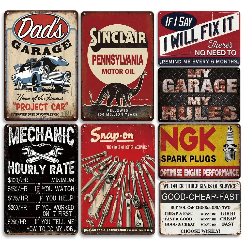 Vintage Garage Sign, 8 Counts/set Metal Tin Sign, Garage Wall Decor Sign, Vintage Retro Indoor & Outdoor Decor for Car Repair Shop, Man Cave
