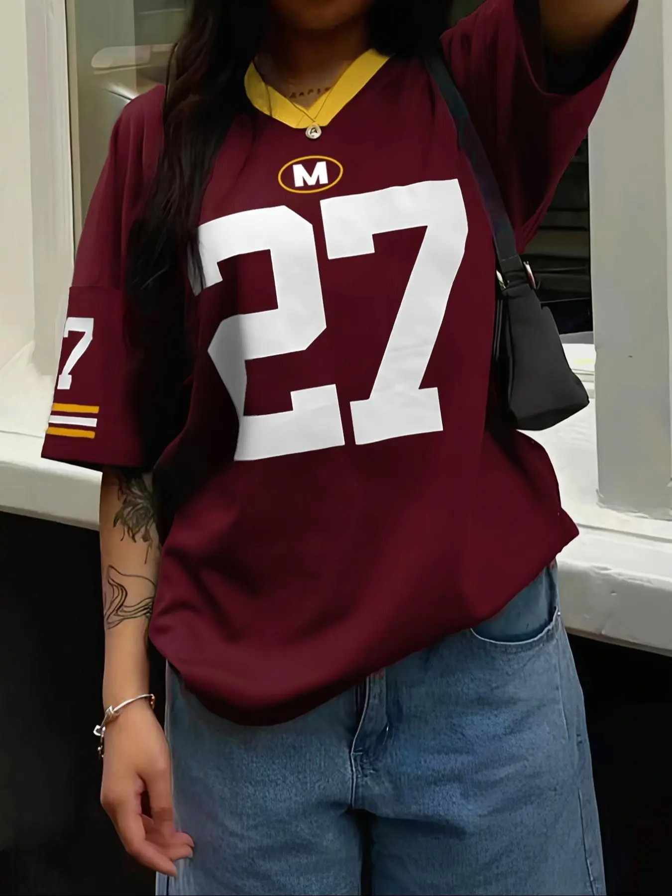 Women's  Number Print V Neck Tee, Casual Short Sleeve T-shirt for Summer, Women's Top for Daily Wear