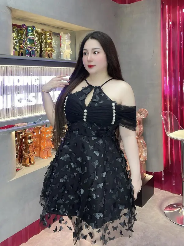 55-90KG ĐẦM THIẾT KẾ ĐI TIỆC CÔNG CHÚA Tapfa cổ yếm phối lưới BƯỚM SANG TRỌNG  BIGSIZE VƯƠNG NGỌC HÂN Nữ Top Pants Women 7