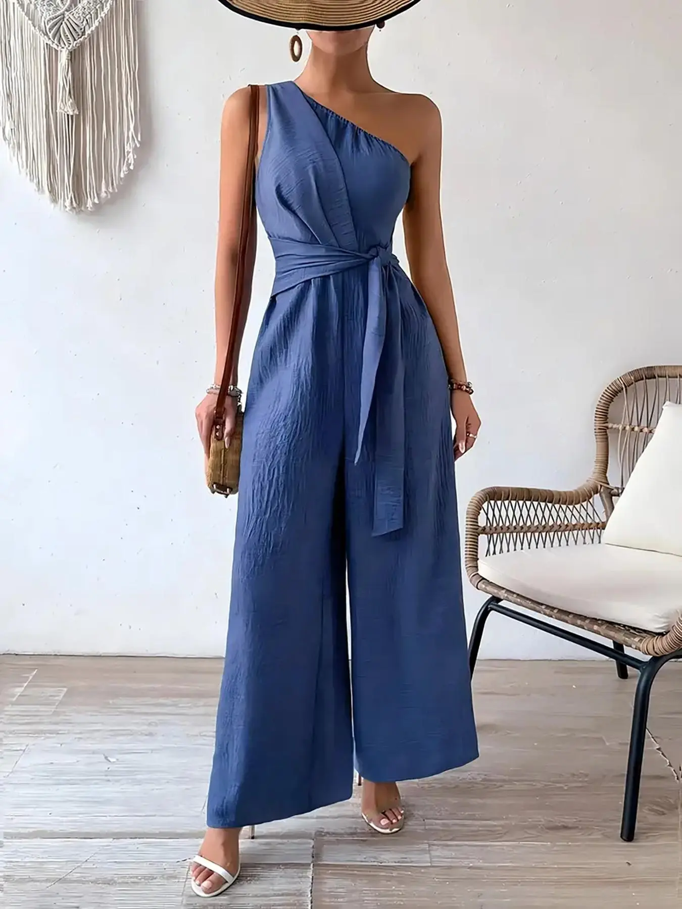 Women's Solid Color Wide Leg Jumpsuit, Casual One Shoulder Jumpsuit for Summer, Women's Jumpsuit for Beach Holiday