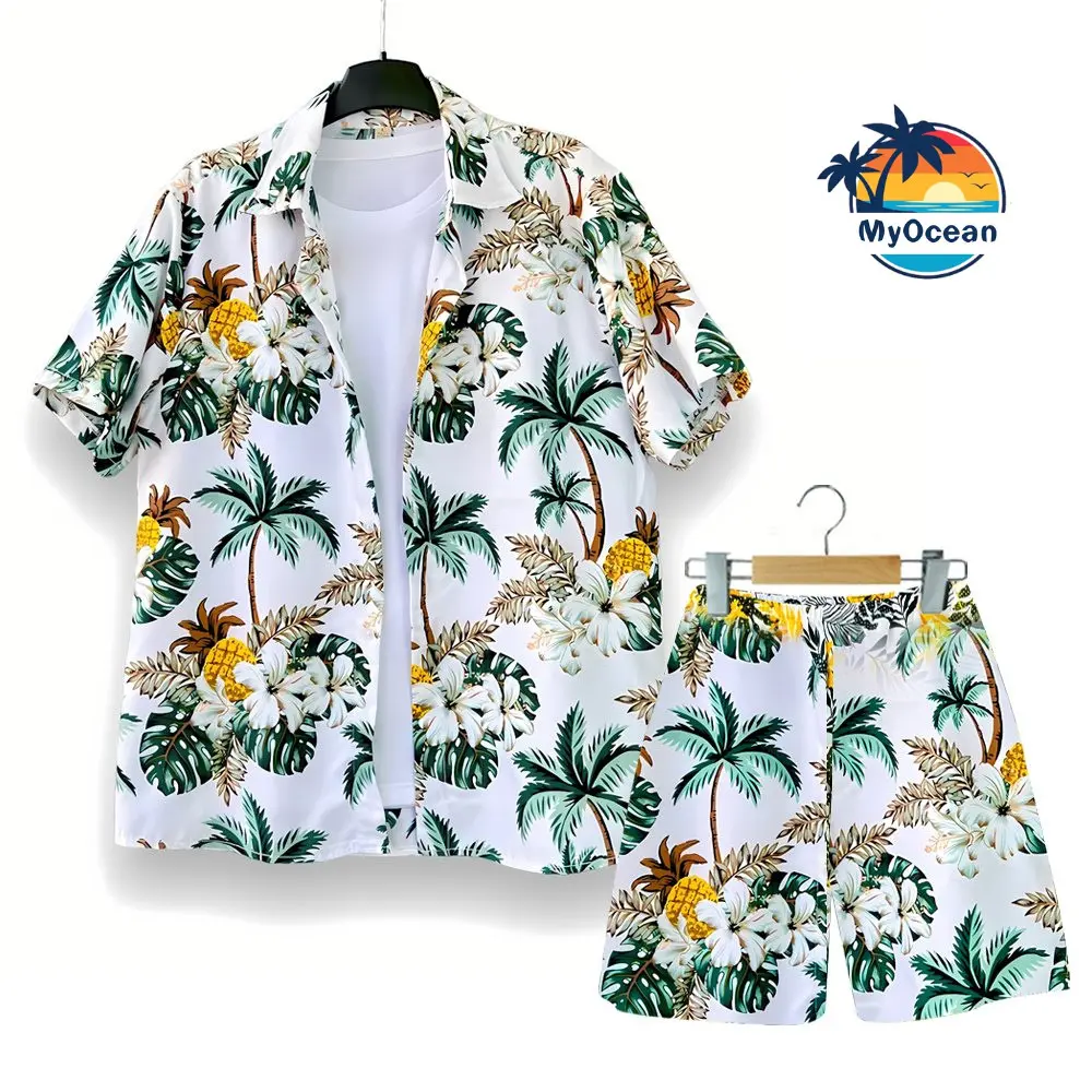Đồ Bộ Đi Biển, Bộ Hoa Lá MyOcean nam nữ Sơ Mi Hawaii đi biển cho teambuiding du lịch màu sắc Nhung Áo