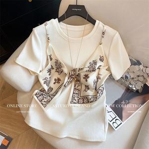 สายผ้าพันคอไหม ดีไซน์สวยสีขาว ไม่ซ้ำใคร ทำจากเสื้อยืดสองชิ้นปลอม สำหรับผู้หญิง ทรงหลวม อเนกประสงค์ เสื้อกระชับสัดส่วน เหมาะสำหรับฤดูร้อน 2025