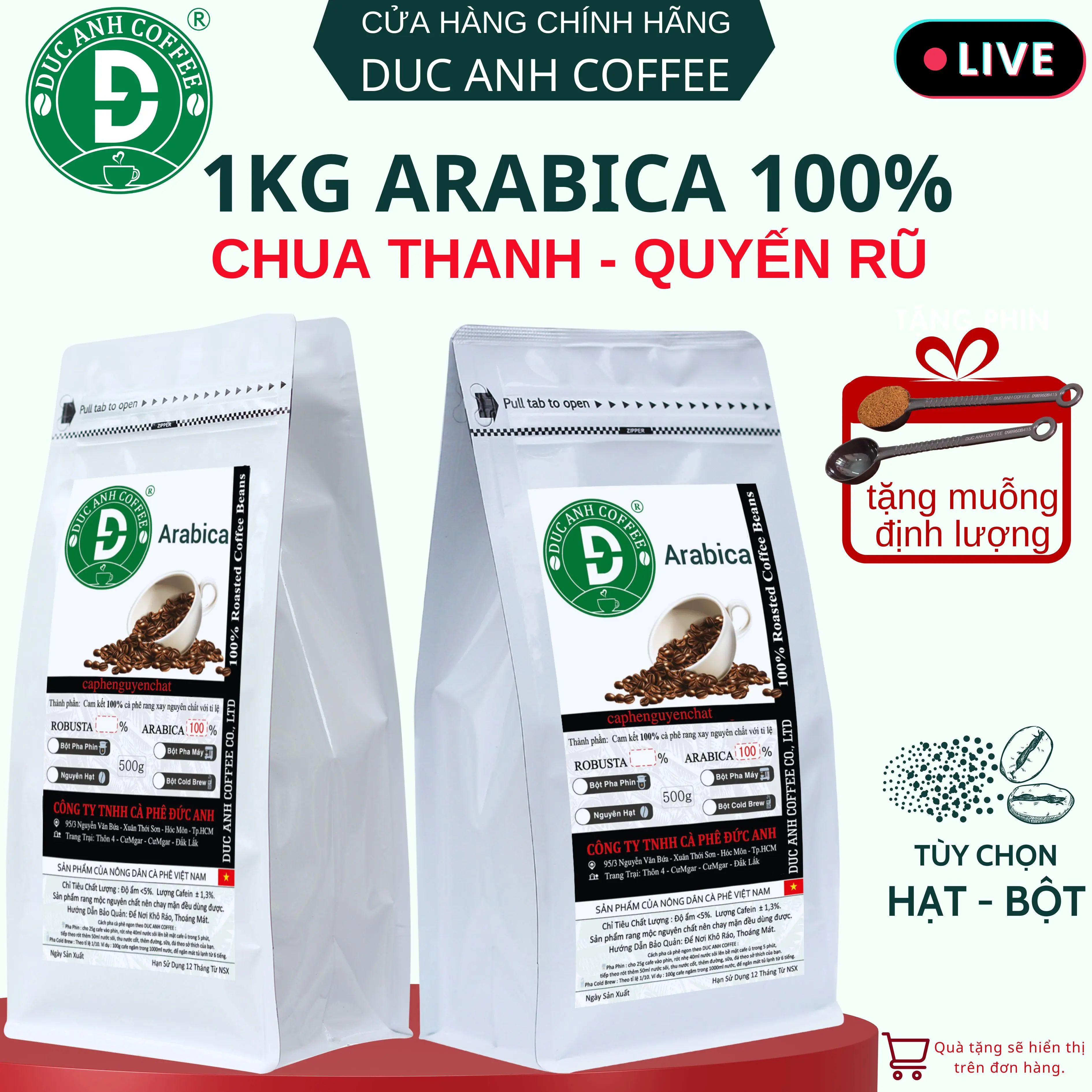 1Kg Cà Phê Arabica DUC ANH COFFEE chua thanh quyến rũ - Rang mộc nguyên chất dùng pha phin, pha máy, coldbrew hoặc nguyên hạt