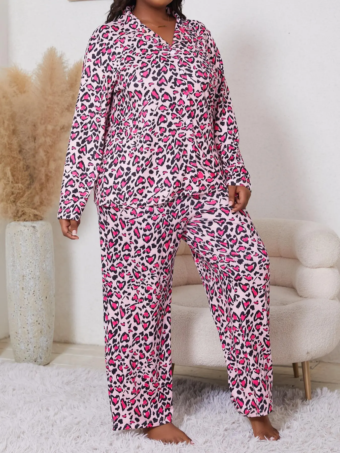【Plus Size】 Heart Print Long Sleeve Open Front Top & Pants Pyjama Two-Piece Set, Casual Comfy Lapel Neck Loungewear Set for Women, Women's Sleepwear for Spring & Fall