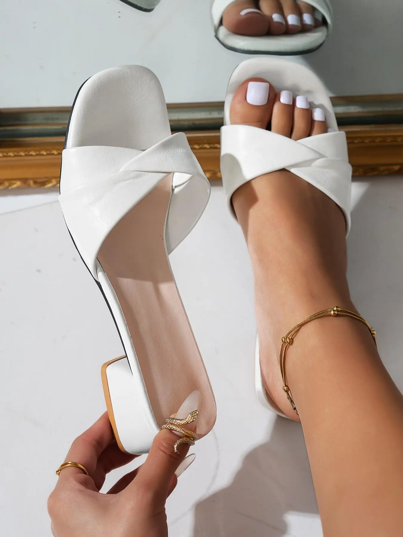 Women's Fashionable Solid Color Square Toe Slingback Sandals, Classy Sandals, Fancy Sandals, Elegant Mid Heel Sandals for Party, Daily Clothing Decor for Women & Girls, Walking Shoes