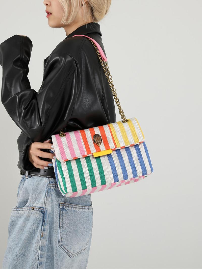 Product Introduction of Women's Fashionable Colorful Striped Pattern Crossbody Bag, Casual Versatile Zipper Shoulder Bag for Daily Used, Trendy All-match Commuter Bag 4