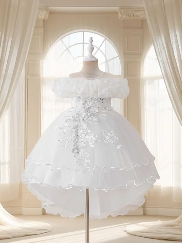 Girl's Floral Embroidery Layered Tulle Formal Dress, Elegant Party Tutu Dress for Performance Show Wear, Kids Clothes for All Seasons 1