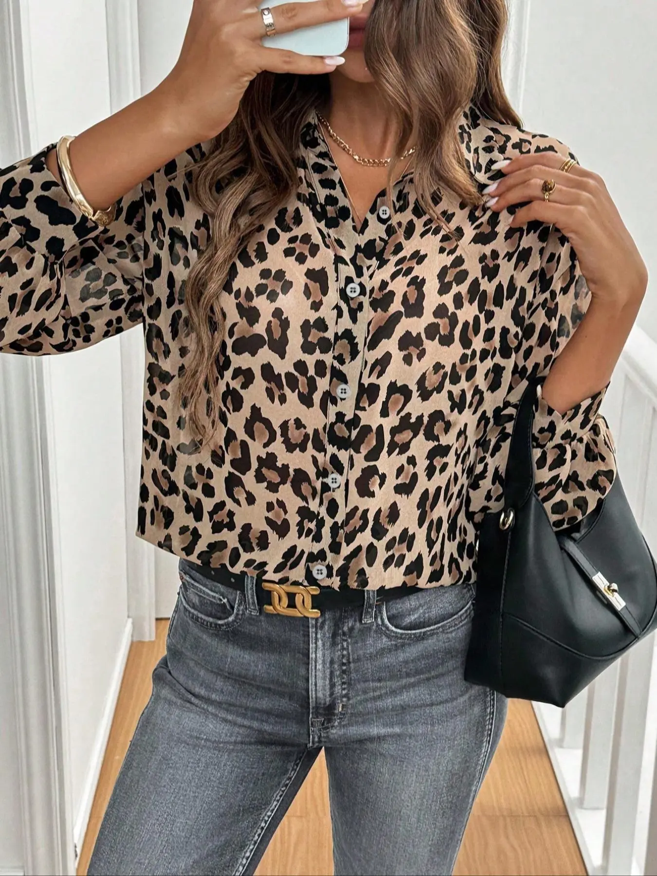 Women's Leopard Print Button Front Shirt, Elegant Bishop Sleeve Collared Top for Daily Wear, Ladies Clothes for All Seasons