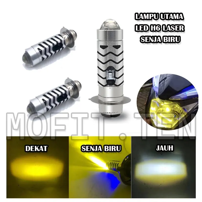 Bohlam utama Led H6 Laser 2 warna jauh dekat putih-kuning plus senja biru universal