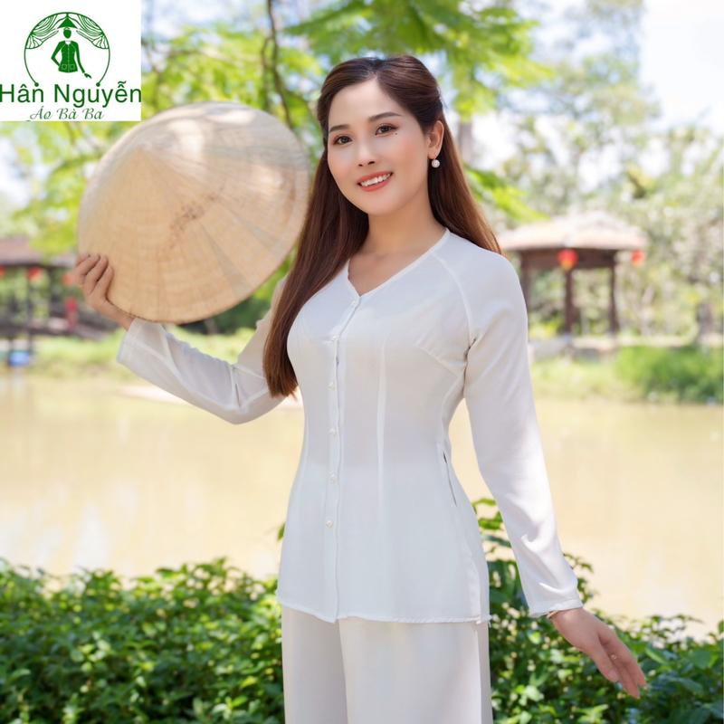 Hân Nguyễn Áo Bà Ba - B.A29 ( Áo Lẻ ) Áo Voan Cổ Tim Tay Dài Cài Nút Nữ Top Women Sơ Mi Trái Tim Shirt