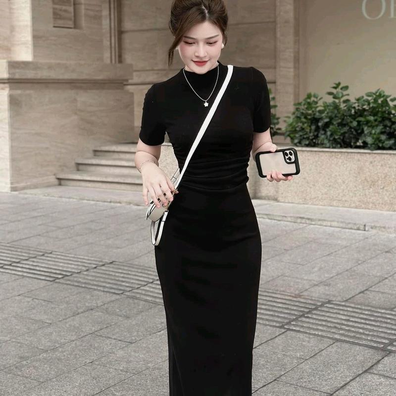 ĐẦM BODY CHẤT THUN GÂN TĂM CO GIÃN ,ÔM BODY ,VÒNG EO ĐƯỢC NHÚN SIẾT EO <>40_70KG Nữ Women Voi Dress Voan Sen Màu Đen