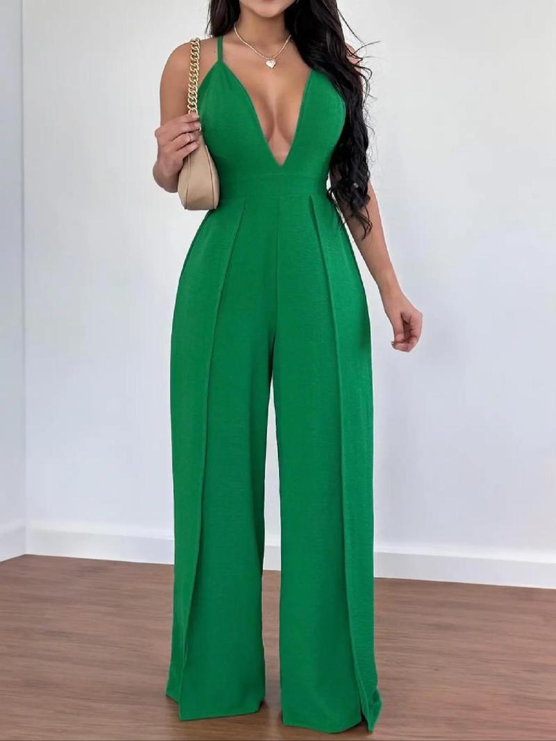 Product Introduction of Women's Solid Color Backless Jumpsuit, Elegant Fashion Casual Wide Leg Jumpsuit for Daily Outdoor Wear, Ladies Clothes for All Seasons 5
