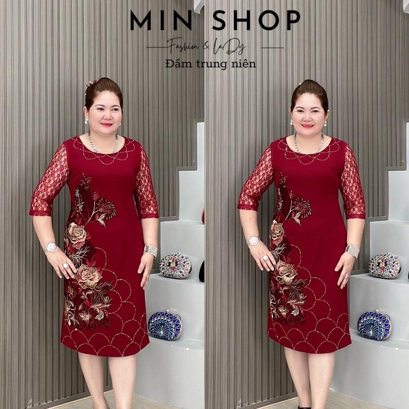 Đầm body trung niên cao cấp thiết kế sang trọng M099 Dress Nữ Women  Màu đen bông đỏ Voan Dài Tay Voi Chấm Bi