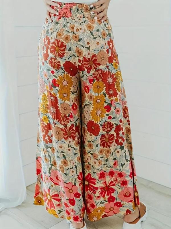 Plus Size Floral Print Shirred Wide Leg Pants, Boho Casual High Waist Trousers for Daily Holiday Vacation Wear, Women's Plus Size Bottoms for Summer 1