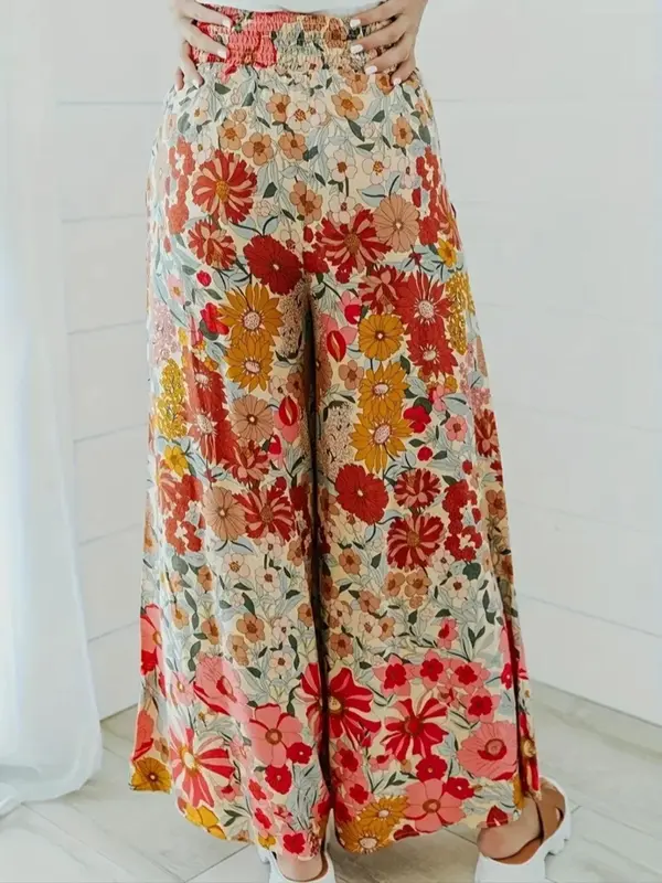 Plus Size Floral Print Shirred Wide Leg Pants, Boho Casual High Waist Trousers for Daily Holiday Vacation Wear, Women's Plus Size Bottoms for Summer 1