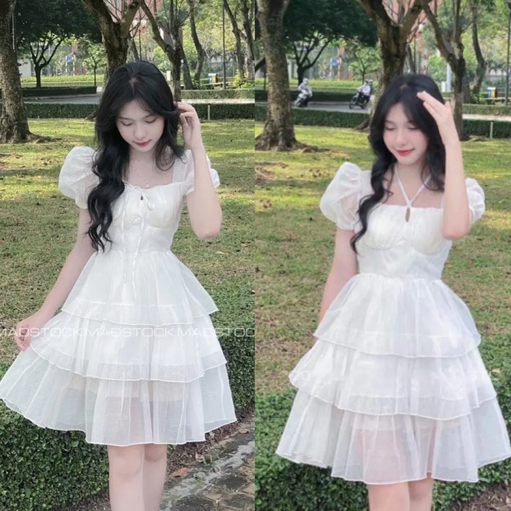 Váy babydoll dáng dài tay phồng 3 tầng cổ vuông tay bồng thắt dây-đầm dự tiệc đi chơi sang trọng màu trắng hàn quốc, SUKA SHOP Nữ Dress