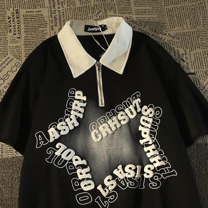 Product Introduction of [ 27k Favorites] American Retro Star Polo Collar Short Sleeve T-Shirt Unisex Loose Fit Hong Kong Style Vintage Half-Zip Couple Top 1