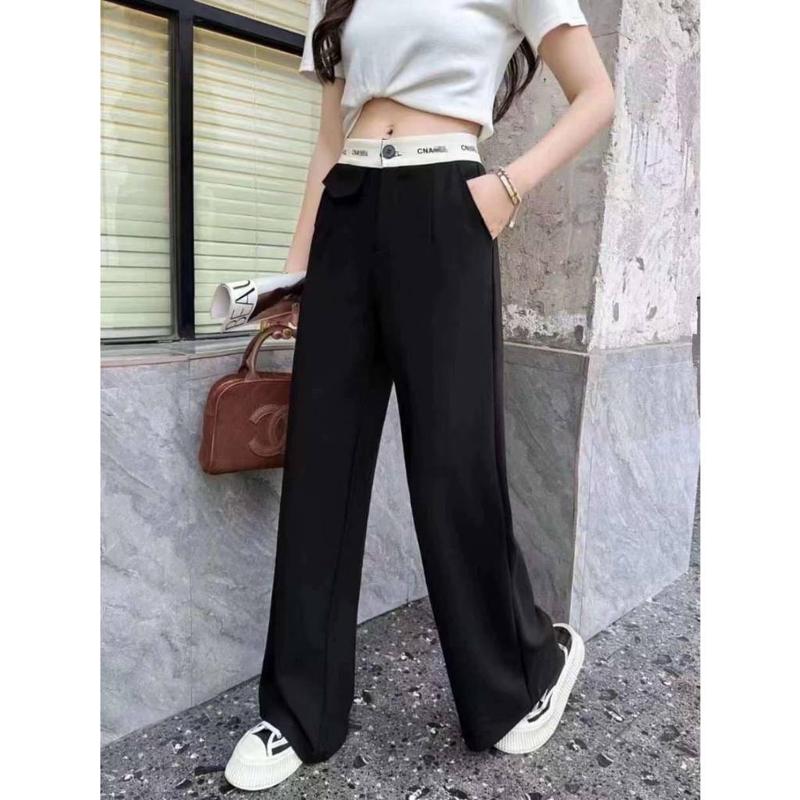 Quần xuông BIGSIZE (35-100kg), quần công sở lưng cao cạp phối viền trắng, quần ống rộng nữ mặc đi làm tây đen
