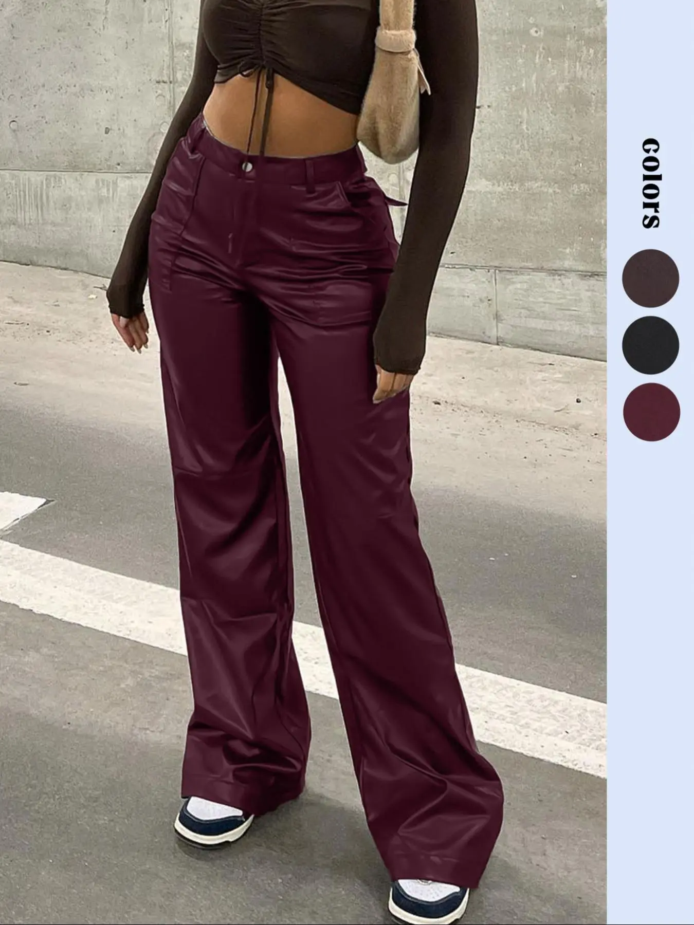 Women's Solid Color Pu Leather Pants, Casual Comfy   Trousers for Daily Wear, Ladies Bottoms for All Seasons
