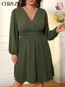 CURVZY Plus Size Solid Bishop Sleeve Shirred Waist A Line Dress, Casual V Neck Long Sleeve Dress for Spring & Fall, Women's Clothes for Daily Wear
