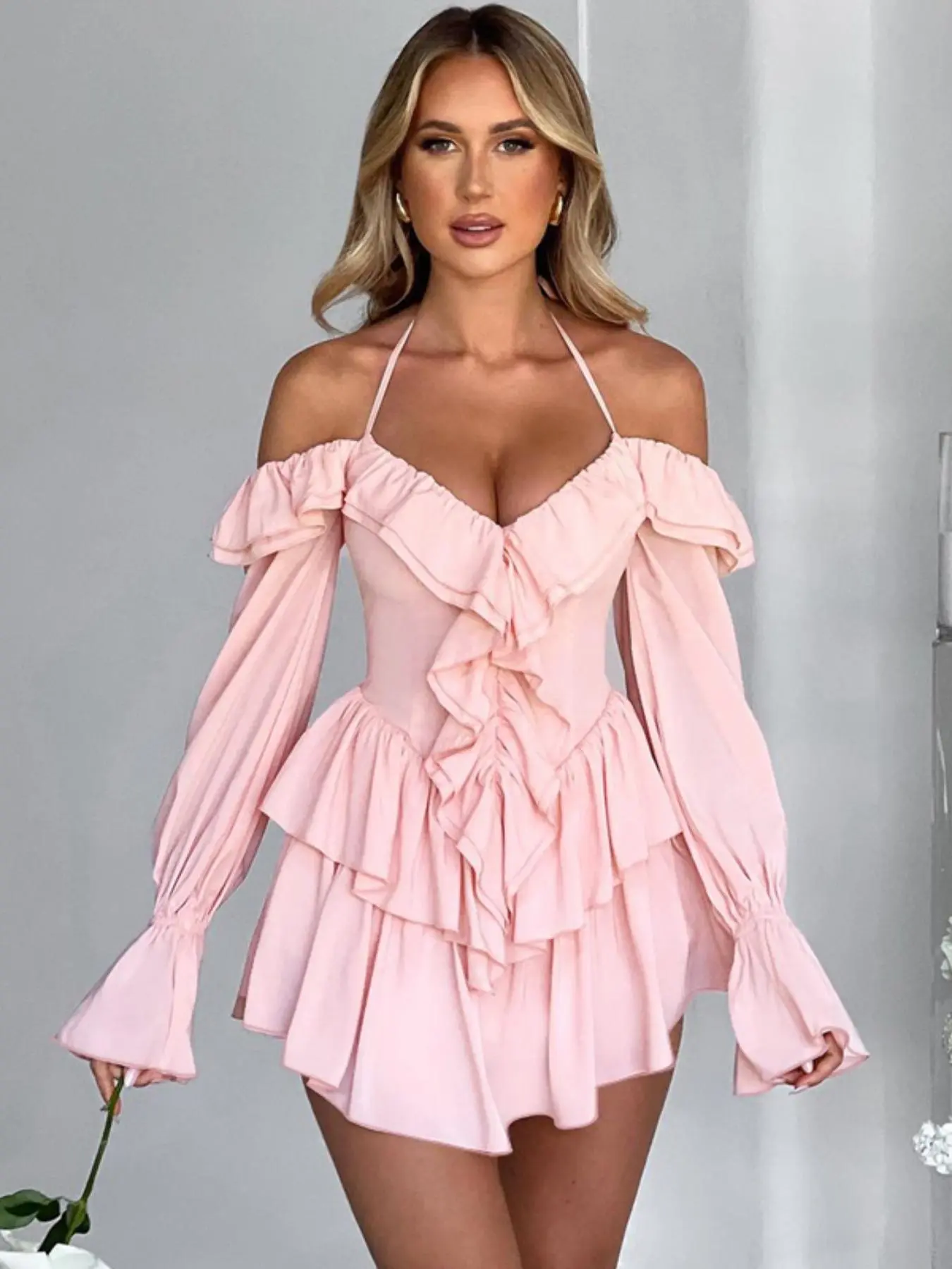 Women's Plain Off Shoulder Ruffle Halter Romper, Summer Clothes Women, Sexy Flounce Sleeve Romper for Spring & Fall, Holiday Outfits 2024, Summer Outfits 2024