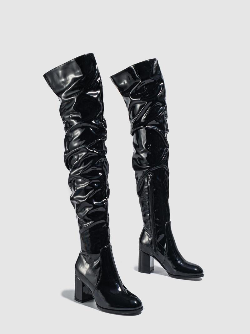 Product Introduction of Women's 2023 New Fashion Pu Over-the-knee High Heeled Boots, Elegant Plain Side Zipper Design Boots, European and American Style Pointed Toe Slouchy Boots for Parties and Evenings 16