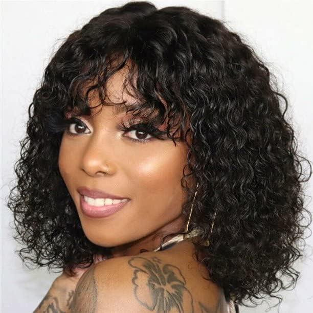 Local shipping-Fashion Idol Bob Curly Human Hair Wigs with Bangs Jerry Curl Bob Wigs Human Hair Brazilian Virgin Human Hair None Lace Front Wigs for Women Machine Made Black Wigs 10Inch 0