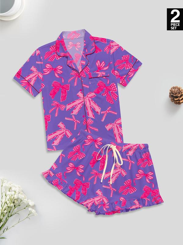 Women's Bow Print Lapel Shirt & Shorts Pyjama Set, Casual Comfy Short Sleeve Pocket Top & Shorts Set, Ladies Sleepwear for All Seasons 2