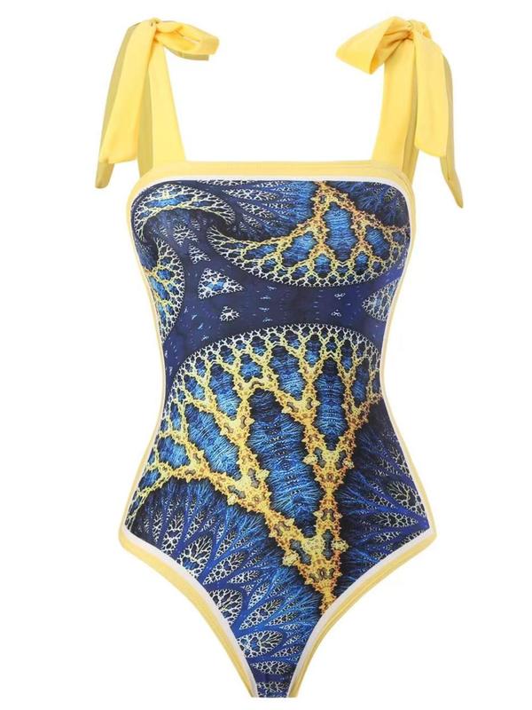 Women's All Over Print Knot Swimsuit Set, Boho Wrap Skirt & Sleeveless Bodysuit, Chic Swimwear For Beach Vacation, Bikini Sets, Ladies Summer Clothes 5