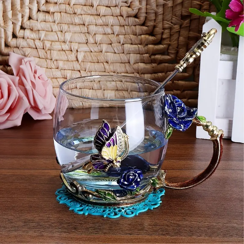 1 Set Butterfly & Rose Decor Glass Cup with Handle, Vintage Drinking Glass with Lid & Spoon, Creative Tea Cup for Office Home Daily Use, Gifts for Friends 7