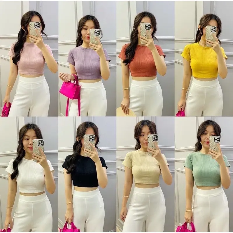 Ara Crop Top | Baju Atasan Wanita Rib Premium Karet Stretchy Freesize Fit to XL Kaos Basic Crew Neck