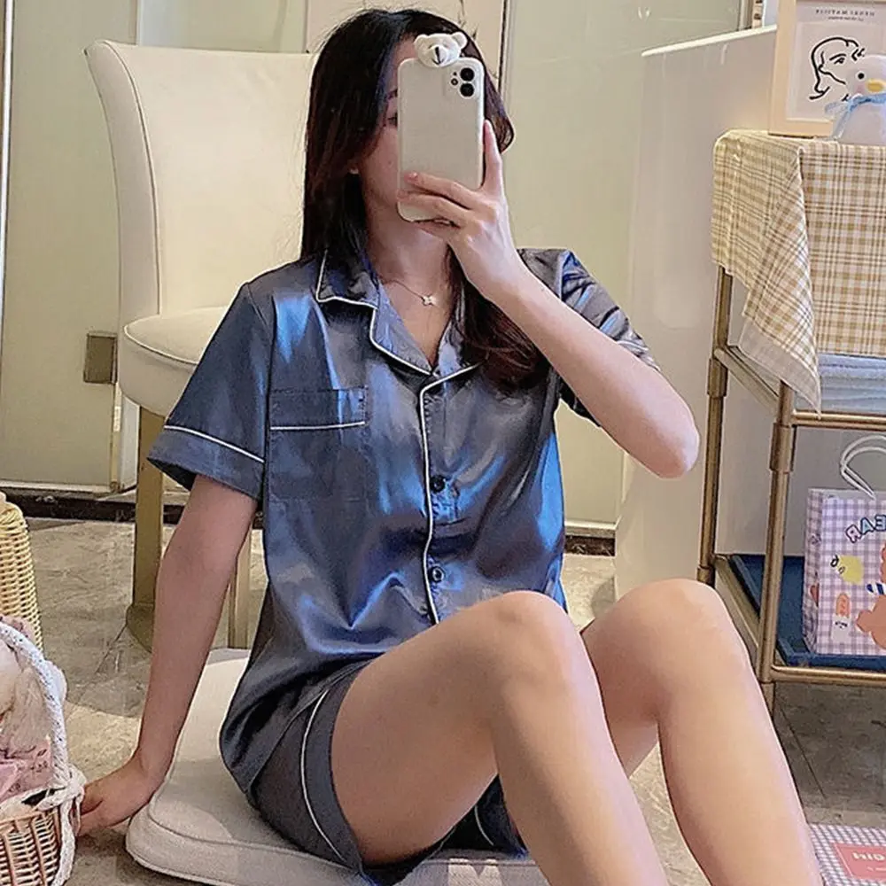 Cozy Sleepwear Imitation Silk Pajamas Ice Silk Homewear Womens Pyjamas Set Satin Solid Color Short Sleeve Nightwear Girls