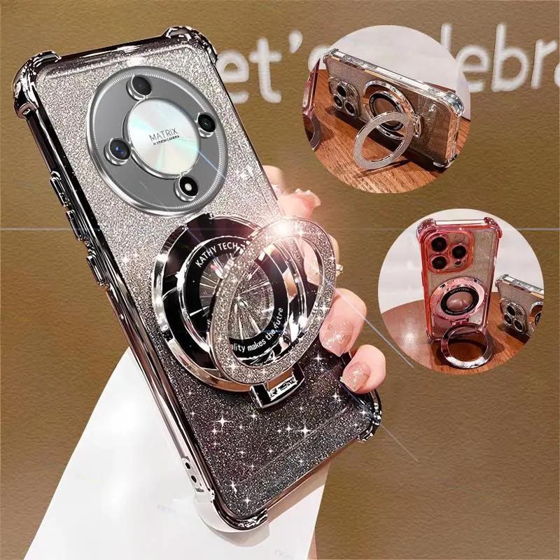 For Honor X9b X9a X9c 5G Phone Case Luxury Four Corner Anti Fall Glitter Gradient Soft Casing Cover with Wireless Charging Stand