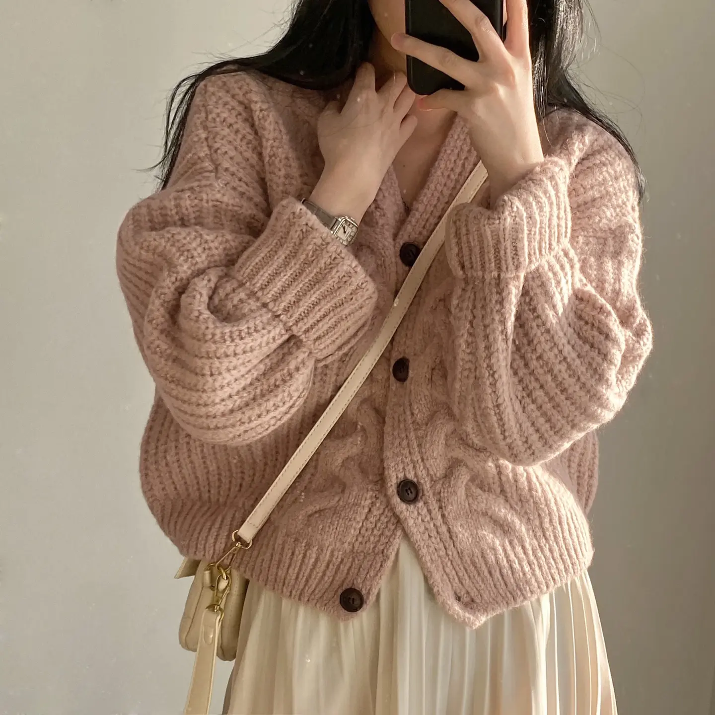 Áo Cardigan Dệt Kim Cho Nữ, Áo Khoác Sang Trọng Hàn Quốc, Tối Giản, Phong Cách Lười Biếng, Cổ Chữ V, Tay Áo Bong Bóng, Áo Len, Mùa Thu