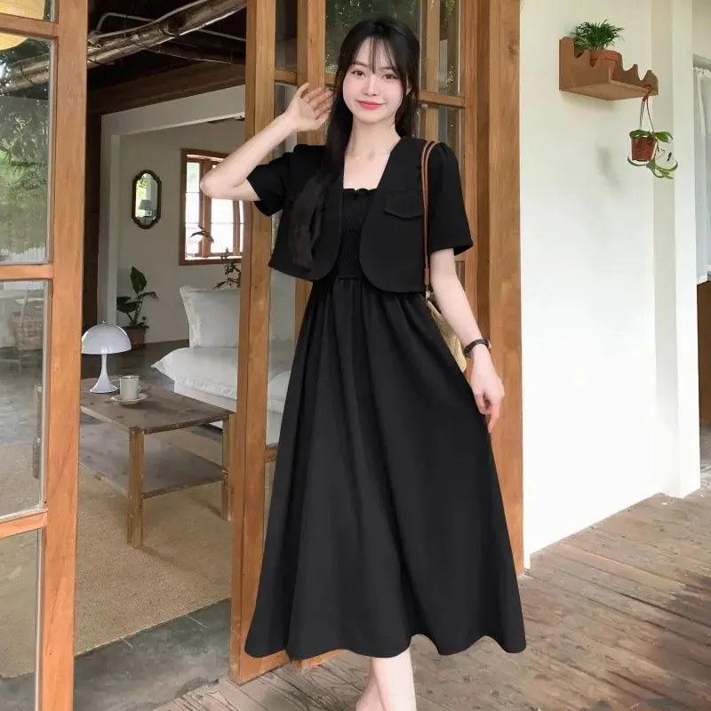 Bộ Váy Hai Dây Ngoại Cỡ, Cô Gái Đầy Đặn 150,00kg, Váy Nữ Mùa Hè, Phong Cách Pháp, Váy Đen, Dáng Rộng Vừa Vặn, Giấu Bụng, Váy Ôm, Dành Cho Phụ Nữ