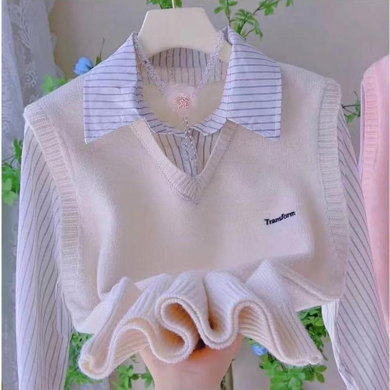 Áo Sơ Mi Dài Tay Giả Hai Mảnh Phong Cách Hàn Quốc, Dành Cho Nữ, Thích Hợp Cho Mùa Xuân Và Mùa Thu, Thiết Kế Đẹp, Độc Đáo Và Thanh Lịch, Dễ Phối Đồ Dáng Rộng Và Ôm Sát, Phát Hành Vào Năm 2024