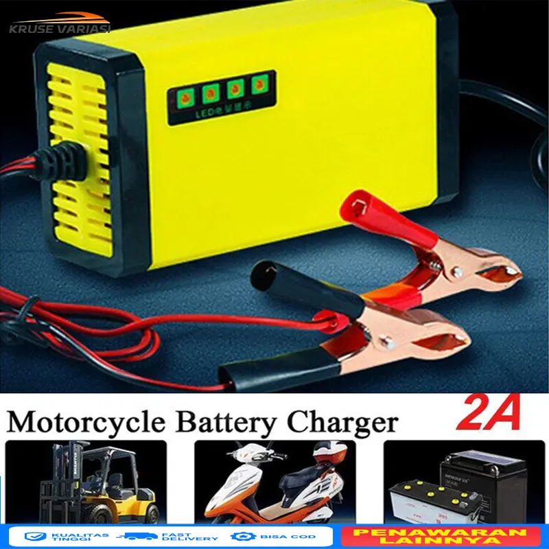 【MonQIQI】Charger Aki Portable 12V 2A Motor Mobil Charger Aki Motor Kering Dan Basah LED Indikator car kabel 6