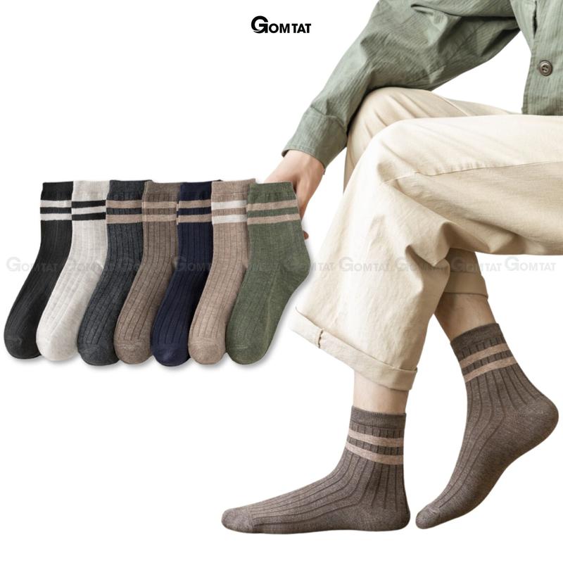 Set 5 đôi tất cao cổ nam nữ mẫu 2 sọc ngang, vớ cổ cao Menswear chất liệu cotton hút ẩm, thoáng khí - 5DOI-UYE-7008