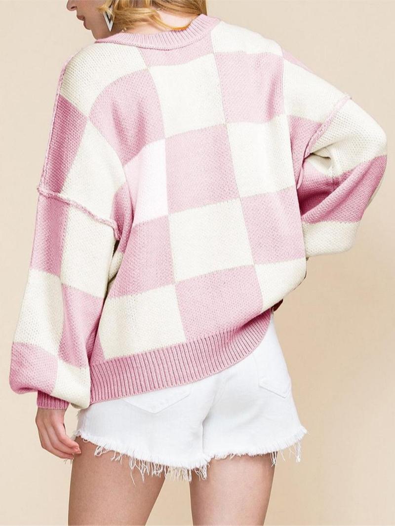 Product Introduction of Women's Plaid Print Drop Shoulder Sweater, Casual Long Sleeve Round Neck Jumper for Fall & Winter, Fashion Ladies' Knitwear for Daily Wear, Going Out Tops 16