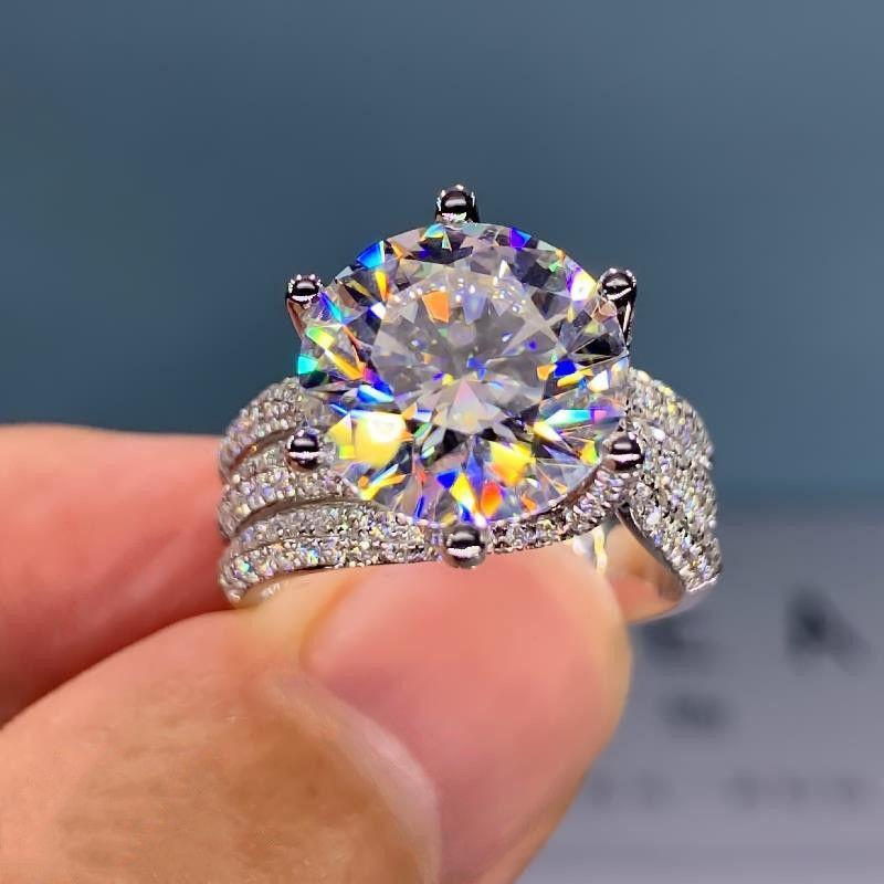 Electroplated Zircon Ring, Simulation Moissanite 5 Karat Big Diamond III Love Ring, Casual All-Match Three Rows Full Diamond Line Ring Diamond Ring Prop Ornaments 4
