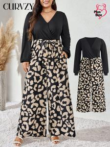 CURVZY Plus Size Leopard Patchwork Print Belted Wrap Wide Leg Jumpsuit, Elegant Long Sleeve V Neck Jumpsuit for Women, Women's Clothes for Fall & Winter