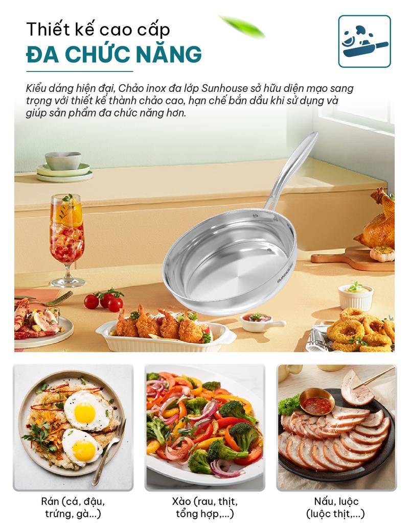 Product Introduction of [Phiên Bản Cải Tiến] Chảo inox đa lớp liền khối đáy từ Sunhouse IN20-24-26M6E  Lòng chảo inox 304 an toàn cho sức khỏe - Đáy từ dùng cho mọi loại bếp 5
