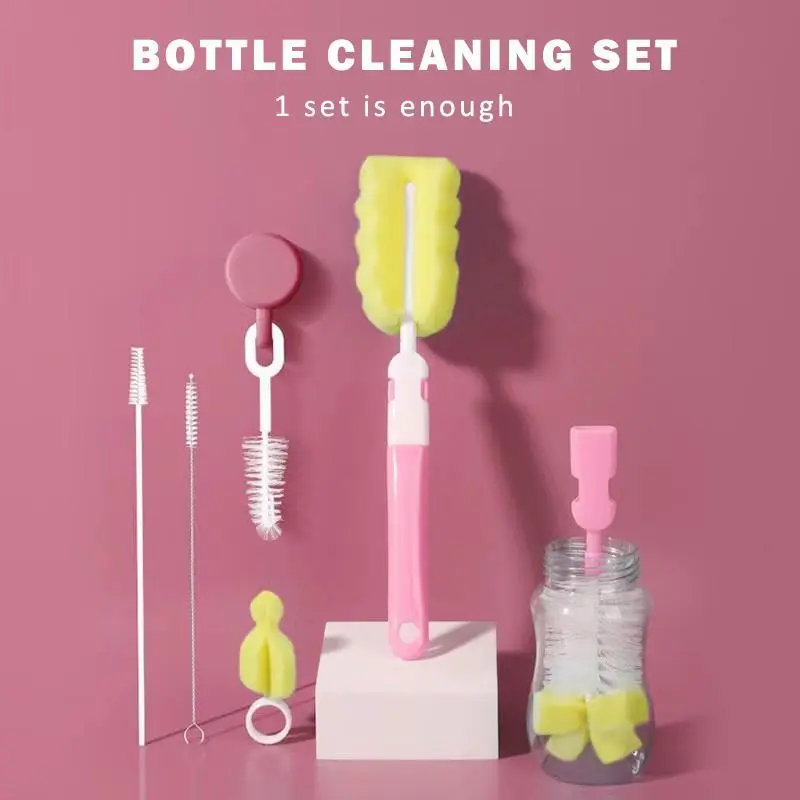 5PCS Baby Straight Handle Bottle Brush Set of 5 (with Hook Cleaning Sponge Head) Bottle Cleaning Set
